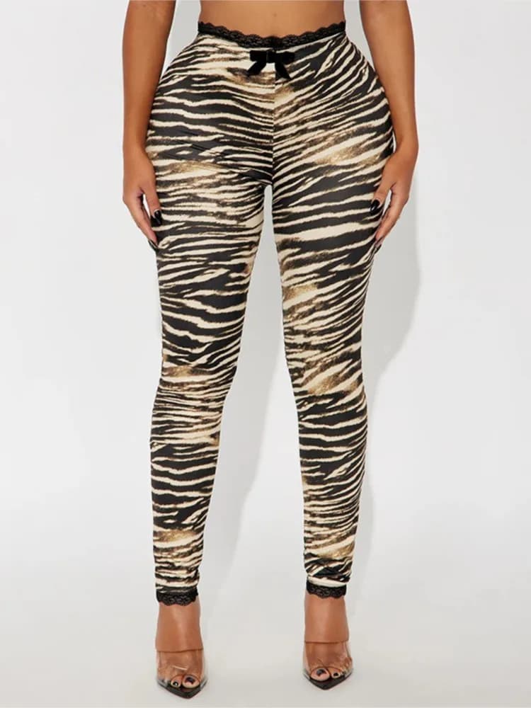 Pantaloni casual Pantaloni in pizzo Pantalones Stampati Abbigliamento donna Homewear Leggings aderenti Stampa animalier Bowknot Trendy Street Wind