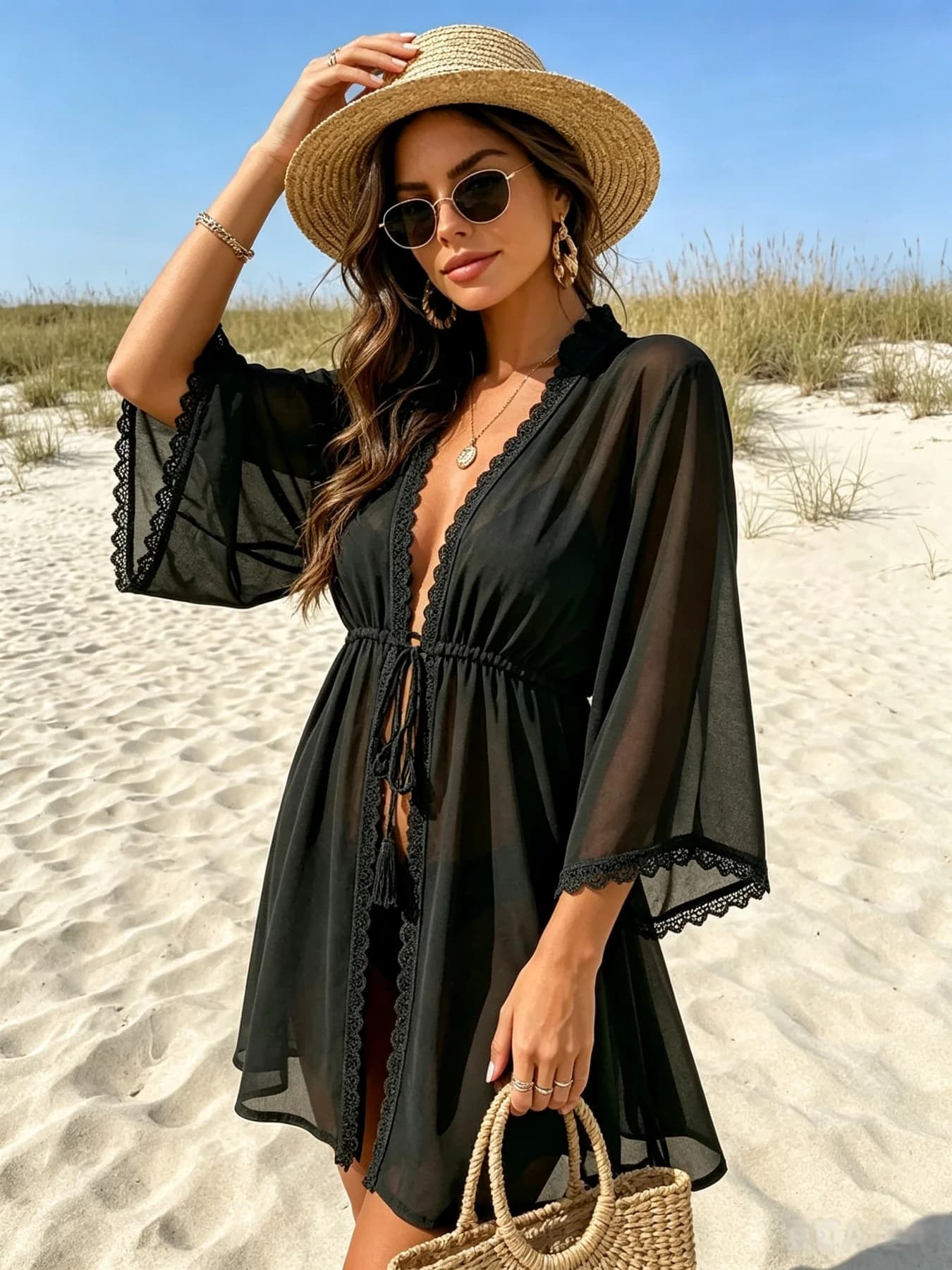 Black Sheer Chiffon Beach Cover Up Lace Trim Tassel Tie Waist Flare Sleeve Bikini Kimono Coverup