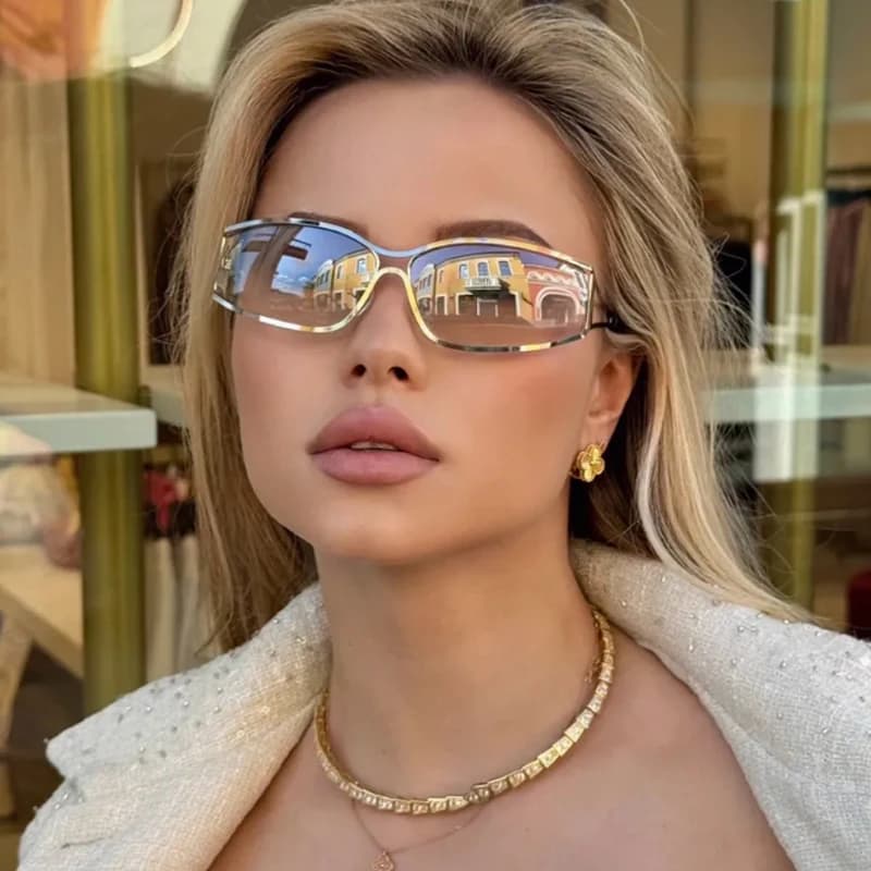 Occhiali Protettivi 2pz Y2K Montatura in Metallo Occhiali da Sole Quadrati Traforati Stile Futuristico Occhiali da Sole Trendy per Ragazze