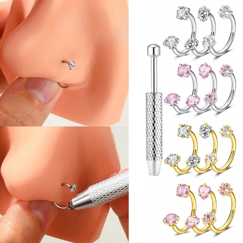 18G horse iron nose rings 2 pieces with 1 piece of penetrating conical ball coconut, nose studs with double cubic zircons in stainless steel