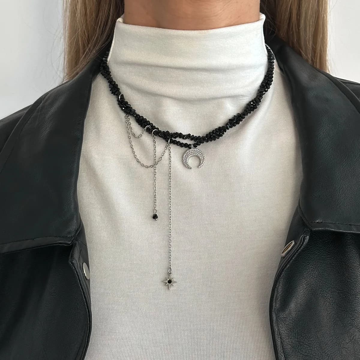 Perline nere Stella Luna Collana con nappa Orecchini Bracciale Set Squisito cristallo imitazione Catena alla clavicola alla moda Gioielli da donna