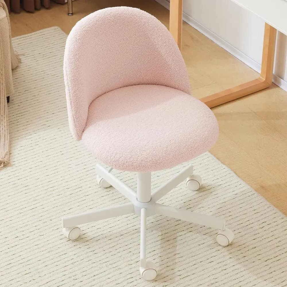 Sedia da Ufficio Girevole Rosa Imbottita con Ruote e Supporto Lombare per Scrivania, Toeletta o Camera da Letto