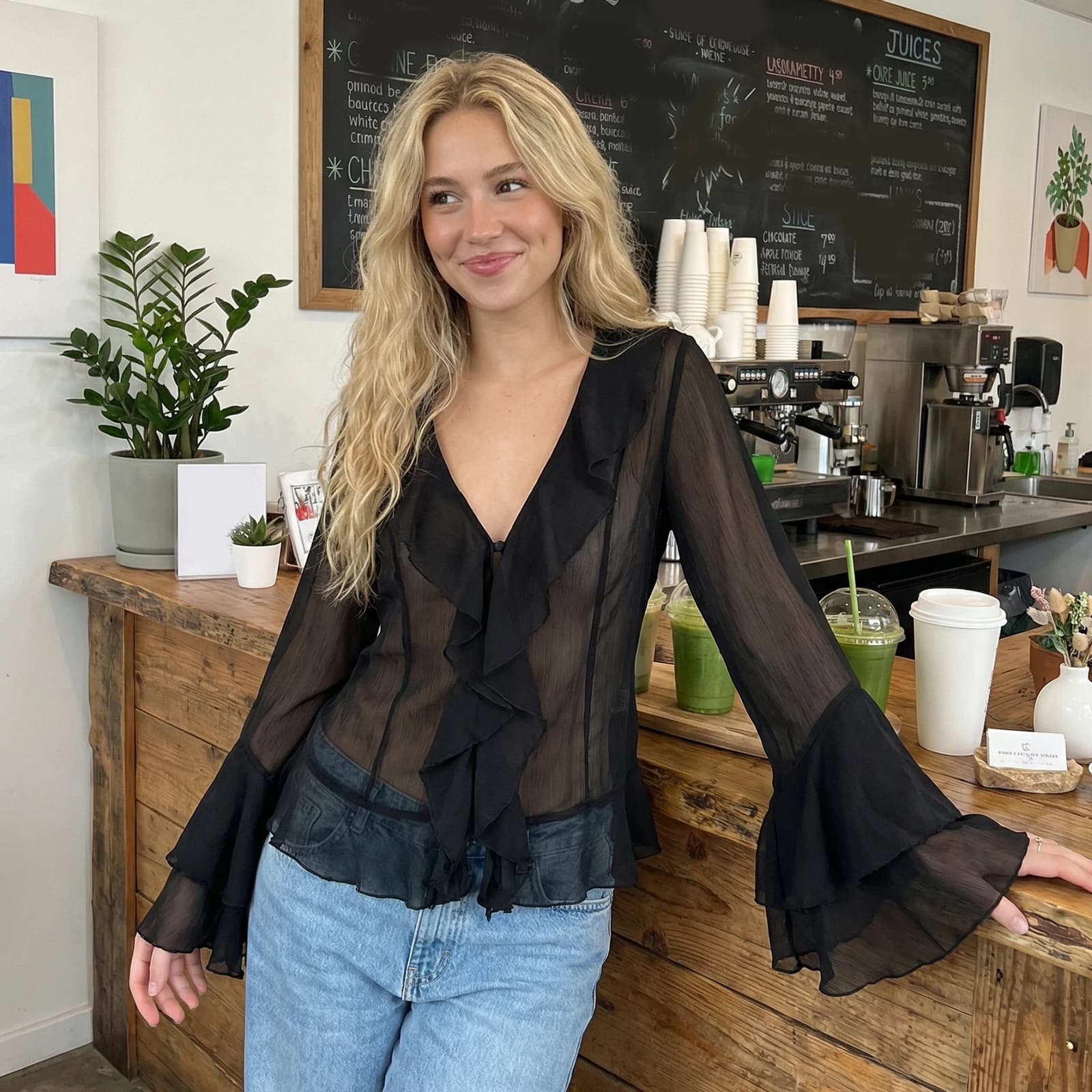 Camicie a Maniche Lunghe da Donna, Tinta Unita con Volant, Scollo a V, Bluse Larghe, Top in Chiffon Trasparente per Primavera, Abbigliamento Casual e Streetwear