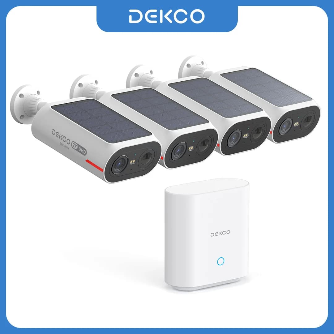 Dekco Sistema di telecamere solari da 3 MP Kit da 4 telecamere Sistema di telecamere wireless Batteria esterna da 5000 mAh Telecamera Wifi Set di telecamere CCTV con rilevamento AI