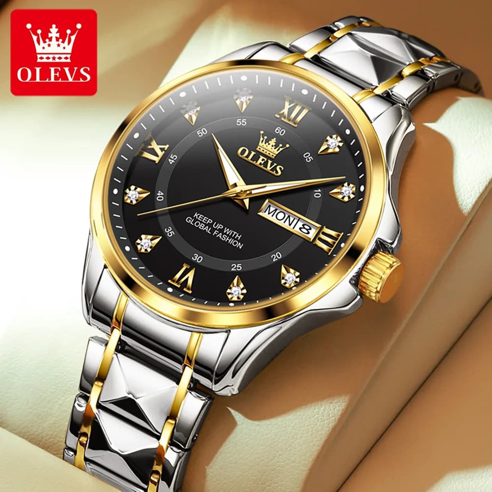 OLEVS 2906 Orologio da Polso al Quarzo per Uomo, Doppio Calendario, Impermeabile, in Acciaio Inossidabile, Luminoso, Lussuoso, Originale