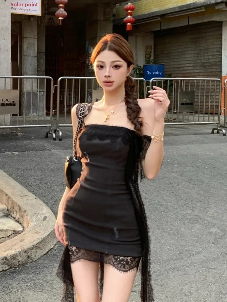 Abito da donna nero senza spalline con pizzo e patchwork, gonna corta aderente sexy estiva, senza maniche, casual, a vita stretta, linea ad A