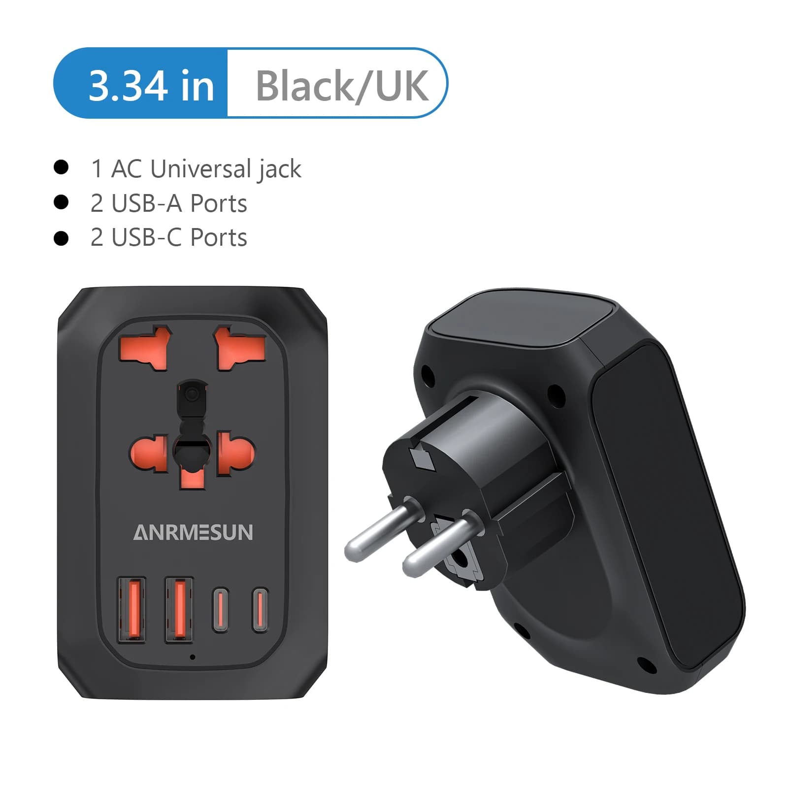 International Travel Adapter with 2USB 2 Type C GaN Fast Charging Adapter with EU AU US UK Plug for Travel