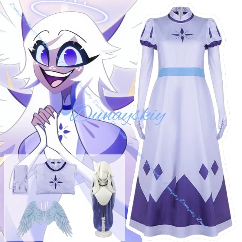 Emily Seraphim Angel Cosplay Costume Hazbin Hotel - Wig with Halo Uniform wings in mask for women Halloween events