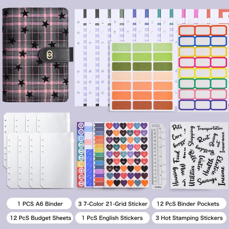 A6 Star Pattern Loose-Leaf Macaron Color Budget Planner with Classified Inner Pages Cash Binder Gift Notebook Office Stationery