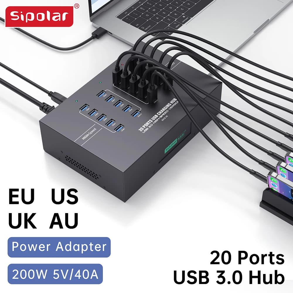 Hub USB 3.0 Sipolar 20 porte 110W Adattatore di alimentazione Hub di ricarica per telefono/tablet Espansione periferica per laptop USB di grado industriale A-223