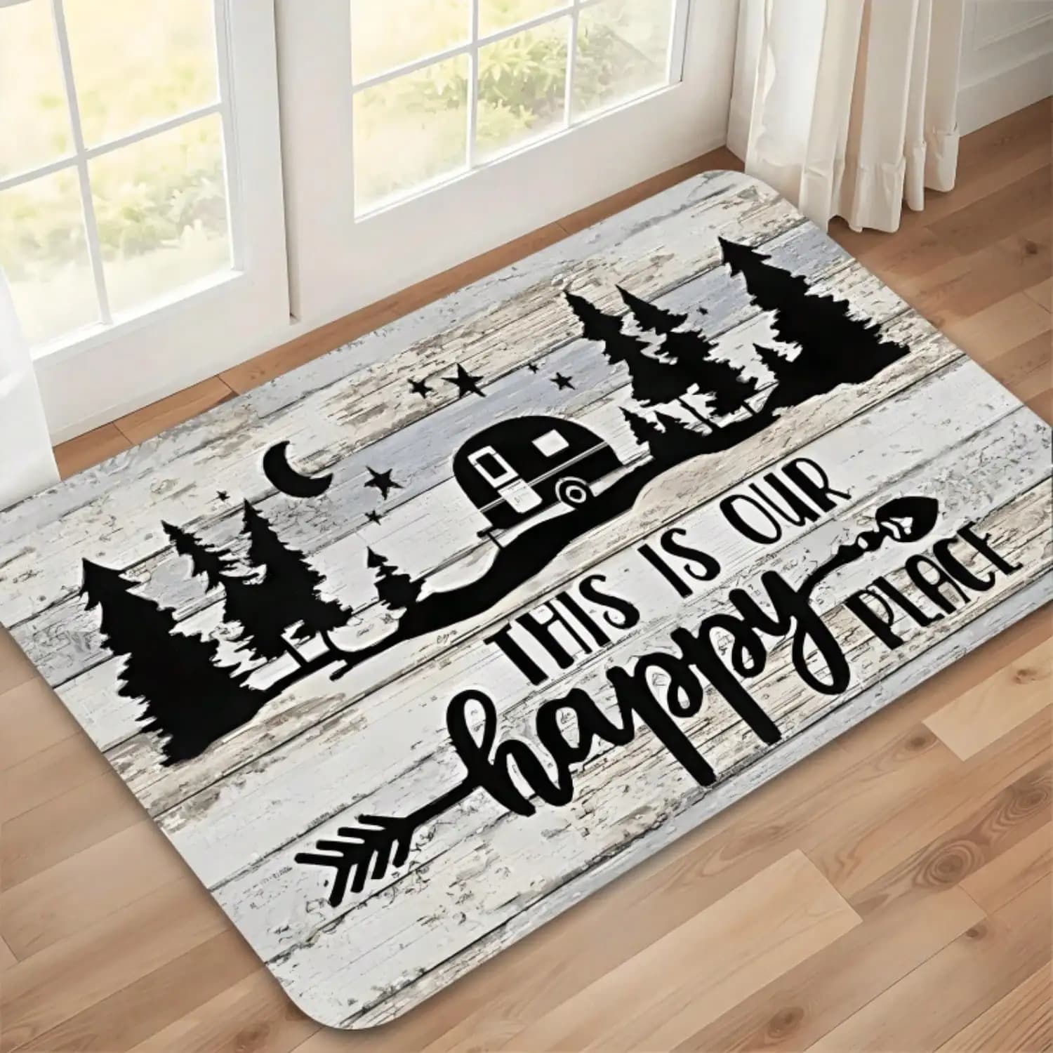 Rustic Woodland Camper Van Doormat - Moonlit Forest Pine Trees & Stars Design With "This Is Our Happy Place" Quote, 100% Polyester Machine-Washable