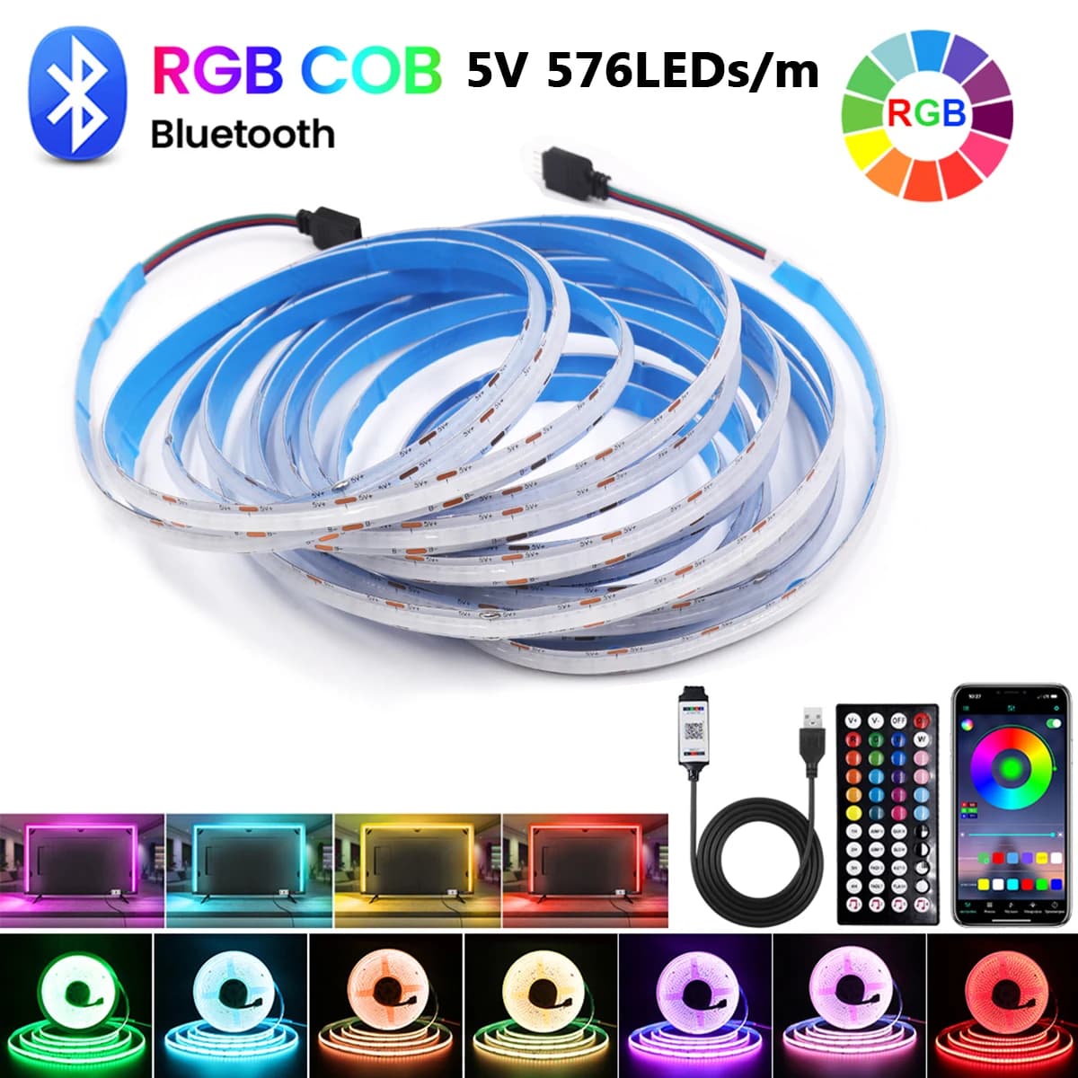 Striscia LED COB RGB 5V 576LED/m con Controllo Bluetooth tramite App, Telecomando a 44 Tasti, Alimentazione USB, Flessibile, Colorata, Morbida, Adesiva