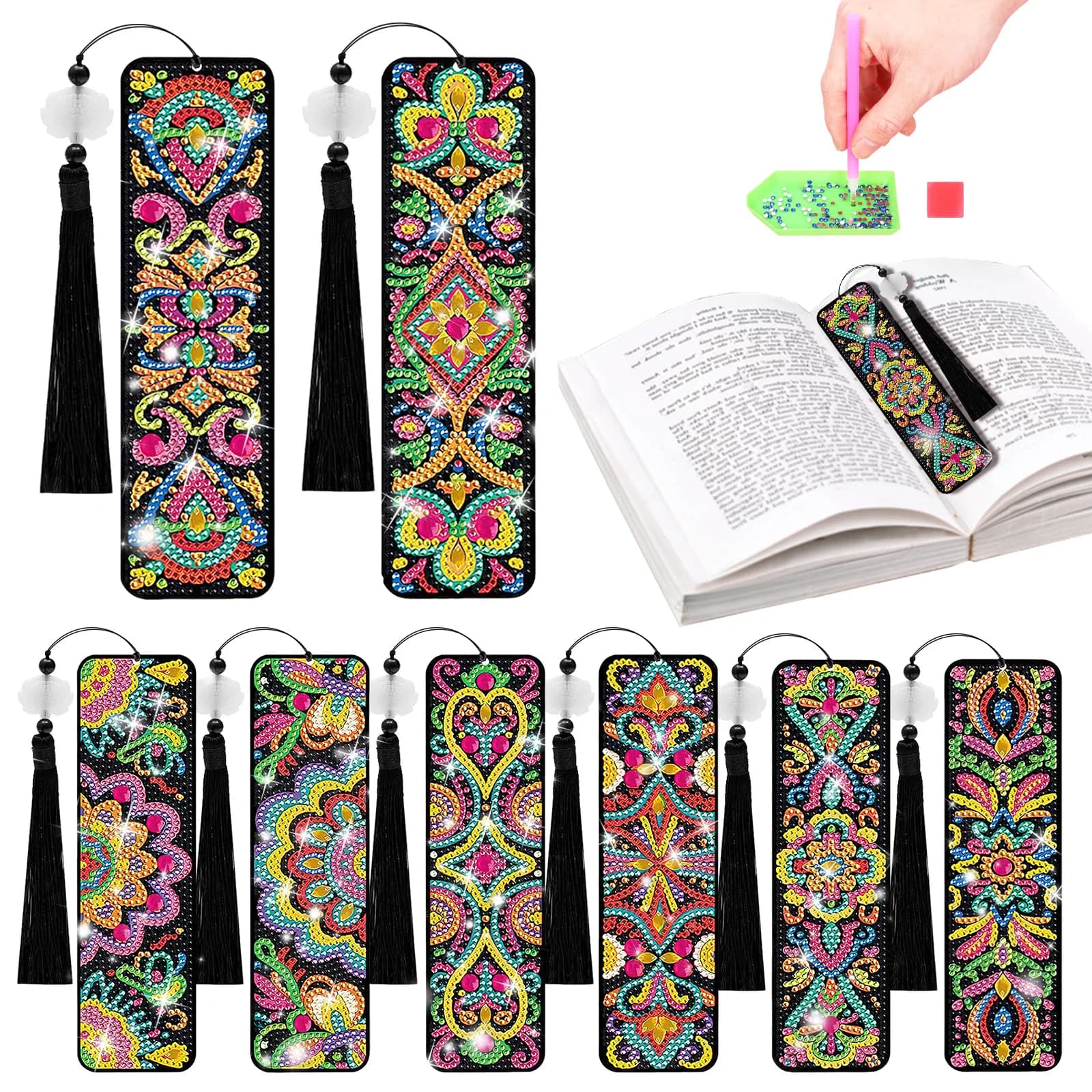 8 Pcs Diamond Art Bookmarks Kits DIY Diamond Drawing Book Marks Kit with Tassels Resin Diamonds Drawing Bookmarks for Students