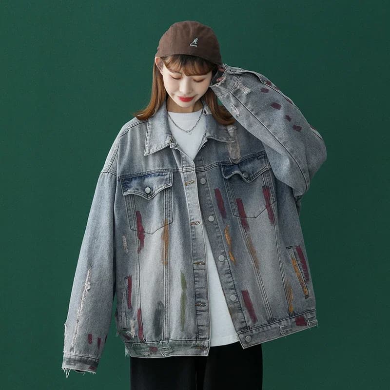 Nuovo 2025 primavera manica lunga giacca di jeans strappata donna Harajuku colletto rovesciato cappotto allentato donna streetwear giacche di jeans unisex