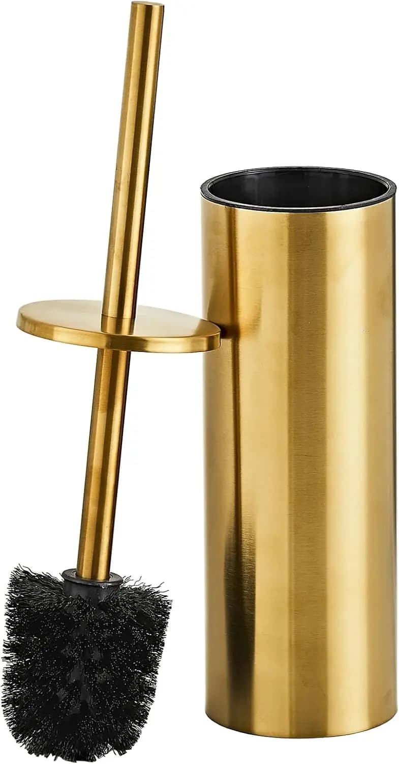 Set Spazzola e Porta Spazzola per WC in Acciaio Inox Spazzolato Oro - Spazzola per WC con Protezione Anti-Schizzi e Ricambi Sostituibili