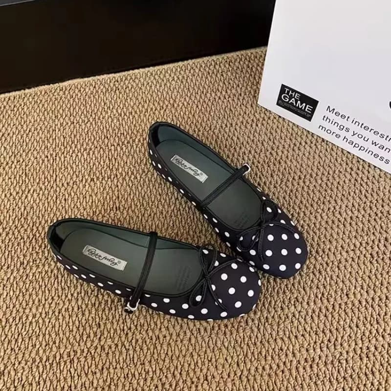 Scarpe basse da donna eleganti con fiocco a pois, stile Mary Jane francese, perfette per feste e occasioni speciali - Collezione Primavera