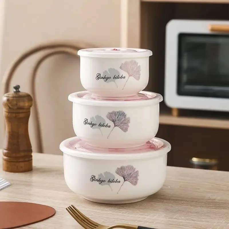 Set da tre pezzi in ceramica per la conservazione della freschezza con coperchio, scatola portaoggetti per frigorifero, scatola da pranzo per ufficio, per riscaldamento speciale a microonde