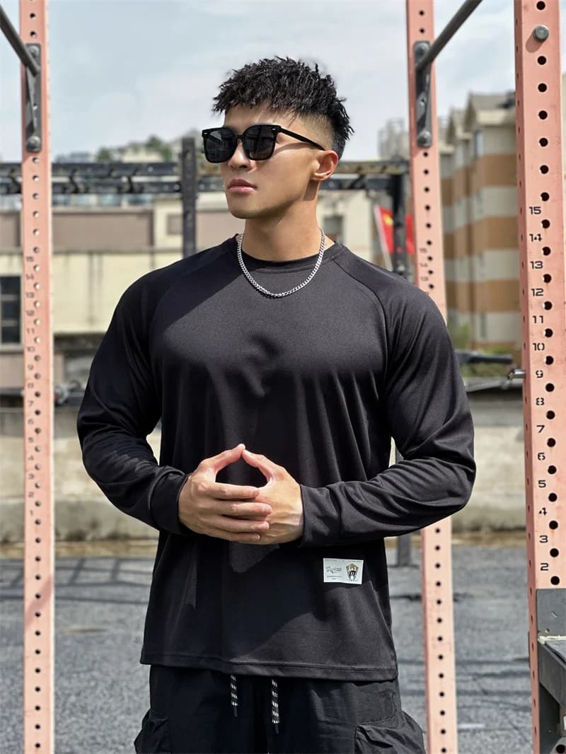Men's T-Shirt Long Sleeved Crew Neckline Fitness Elastic Gym Running Training Bodybuilding T-Shirt Men's Clothing Shirt Touching Bottom
