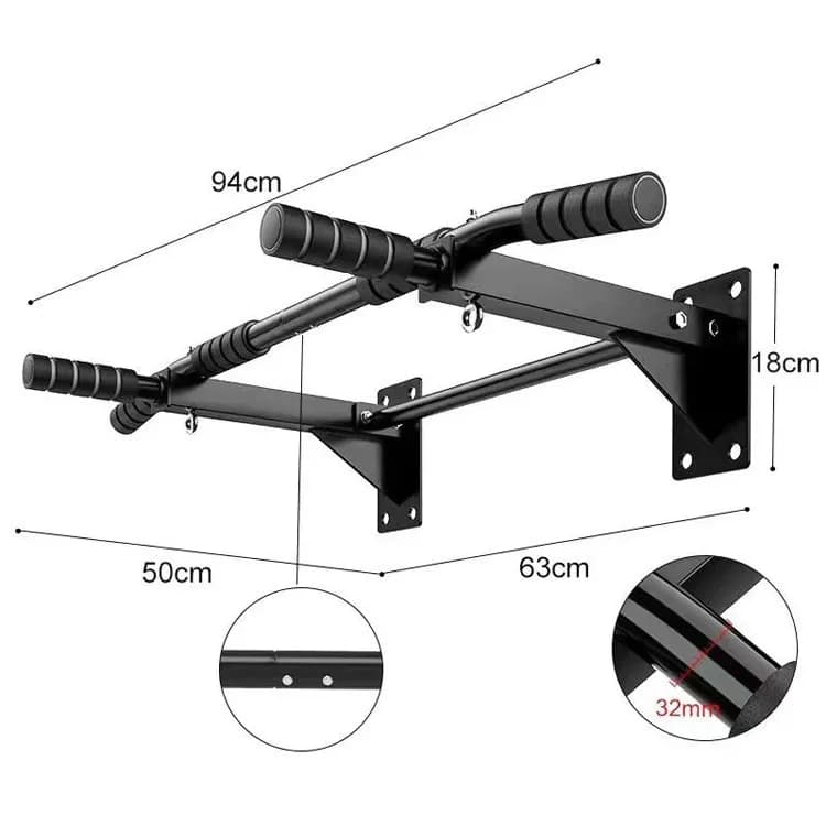 Parallel steel bars for home gym, self-supporting and wall, with traction bar