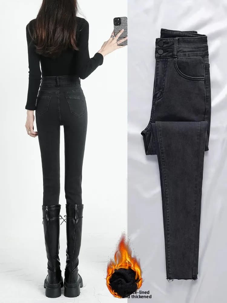 High Waist Fleece Lined Pencil Jeans Women's Slimming Thickened Winter Cotton Elastic Denim Nine Point Ankle Length Trousers