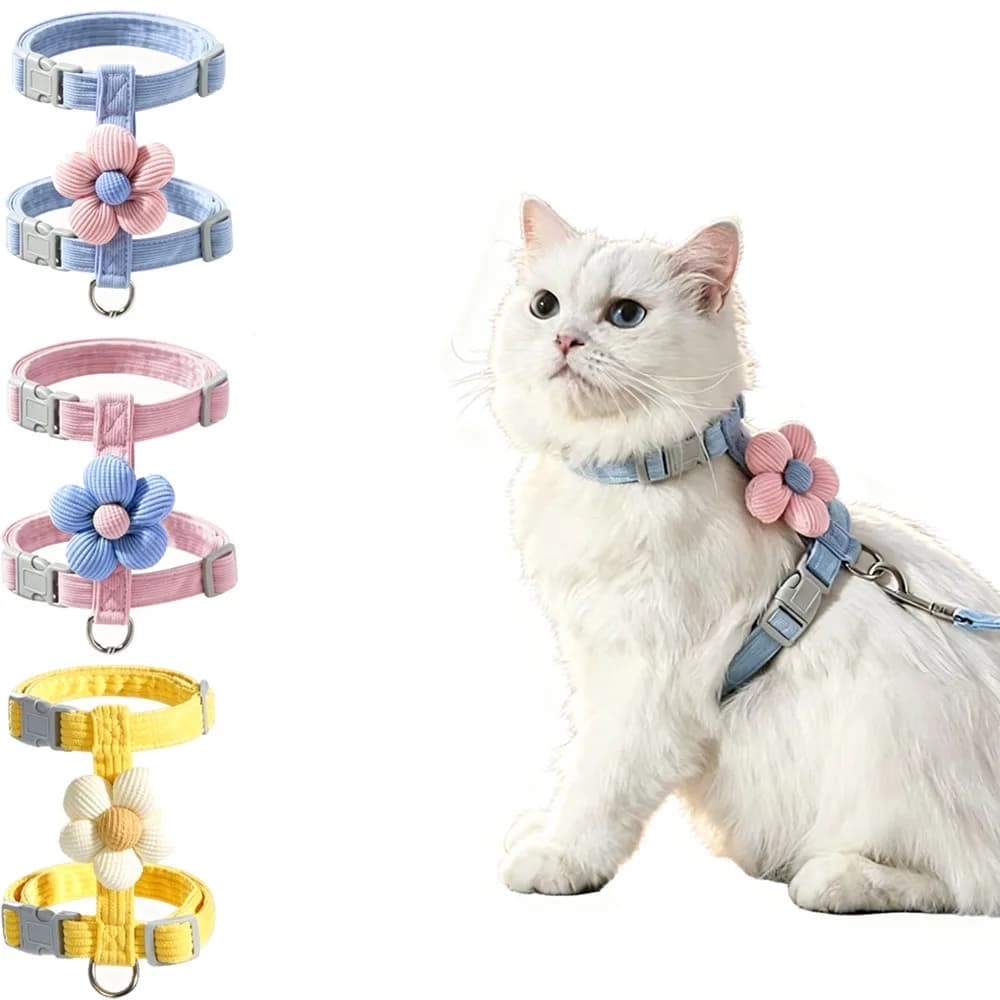 Cat Dog Harness and Leash Set, Cute Knitted Flower Pet Harness, Adjustable Vest with H-Shape Escape-Proof Design