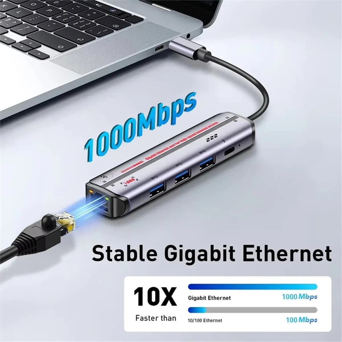 Nuovo Hub USB C 5 in 1 con Ethernet Gigabit, 3 Porte USB 3.0 e Ricarica PD, Adattatore di Rete Gigabit Tipo C per Laptop