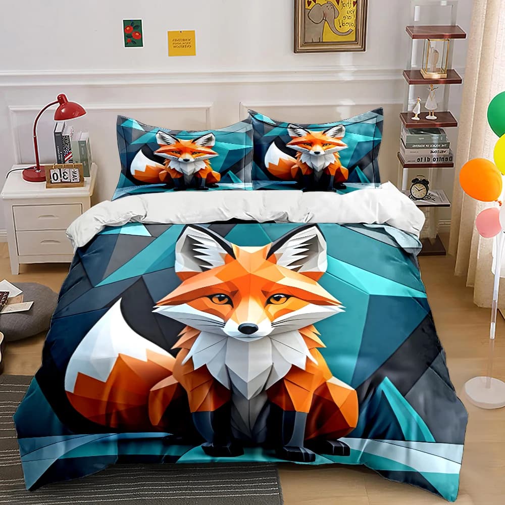 Set di biancheria da letto con stampa di illustrazioni geometriche colorate di volpi, morbido e confortevole, include 1 copripiumino e 2 federe.