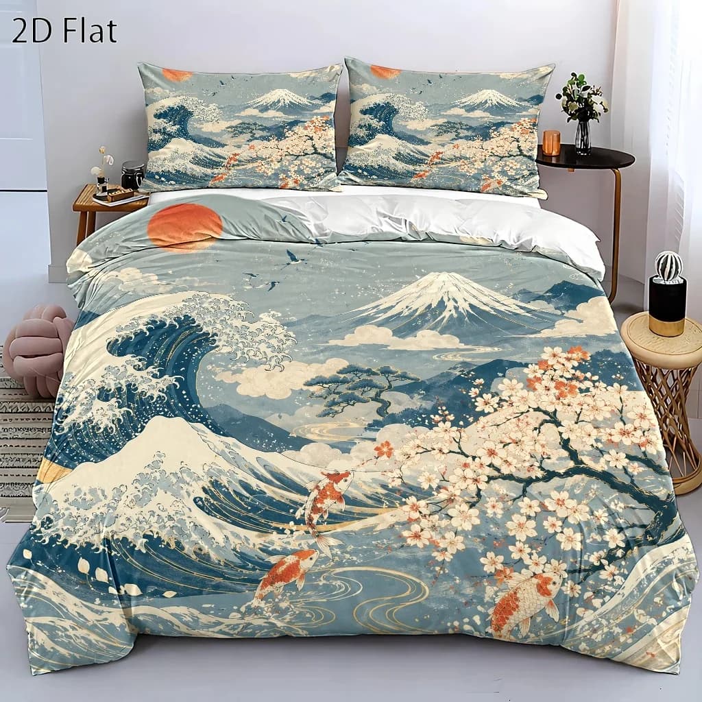 3-Piece Japanese Ukiyo-E Style Wave, Cherry Blossom, and Koi Duvet Cover Set, Three-Piece Bedding Set (1 Duvet Cover + 2 Pillowcases), Suitable for All Seasons, Machine Washable, Invisible Zipper Design, Large Double Bed Cover Set, Suitable for Home, Dormitory, Master Bedroom, Guest Room, Traditional Japanese Style Fuji Mountain Cherry Blossom Wave Koi Pattern, Retro Art Style Bedding Set, Skin-Friendly and Breathable Bedding Set, Bedroom Decoration Duvet Cover Set