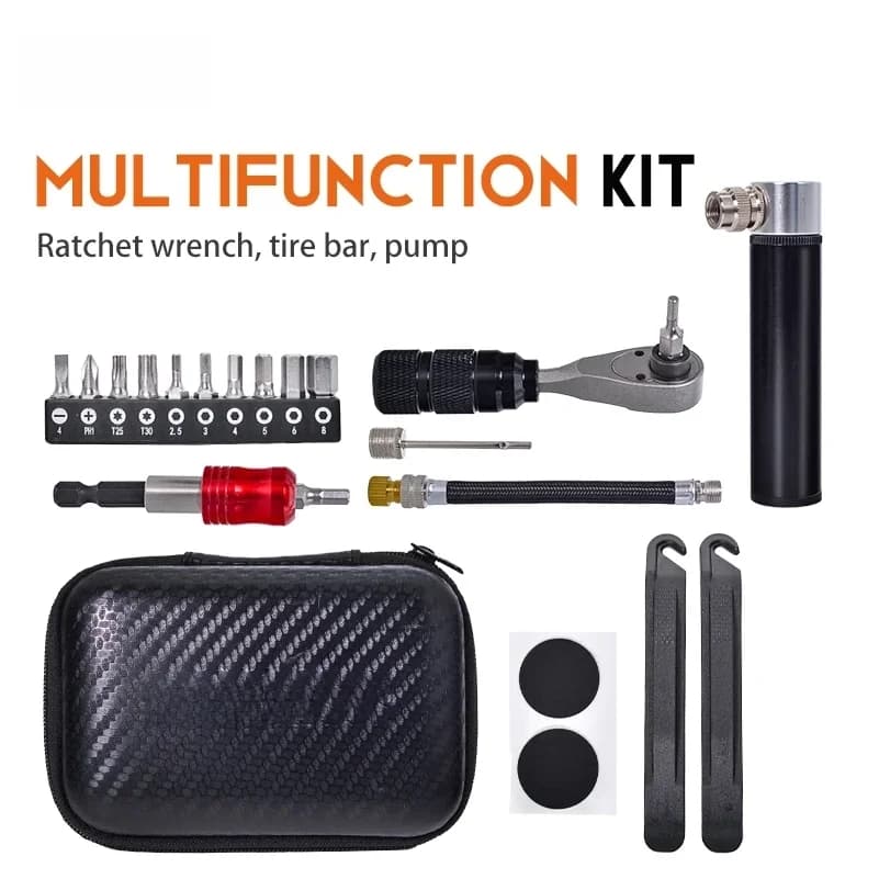 Set di Attrezzi Portatili per Riparazione Biciclette, Kit Multiuso per MTB e Bici da Strada, Kit di Stoccaggio con Pompa per Ciclismo