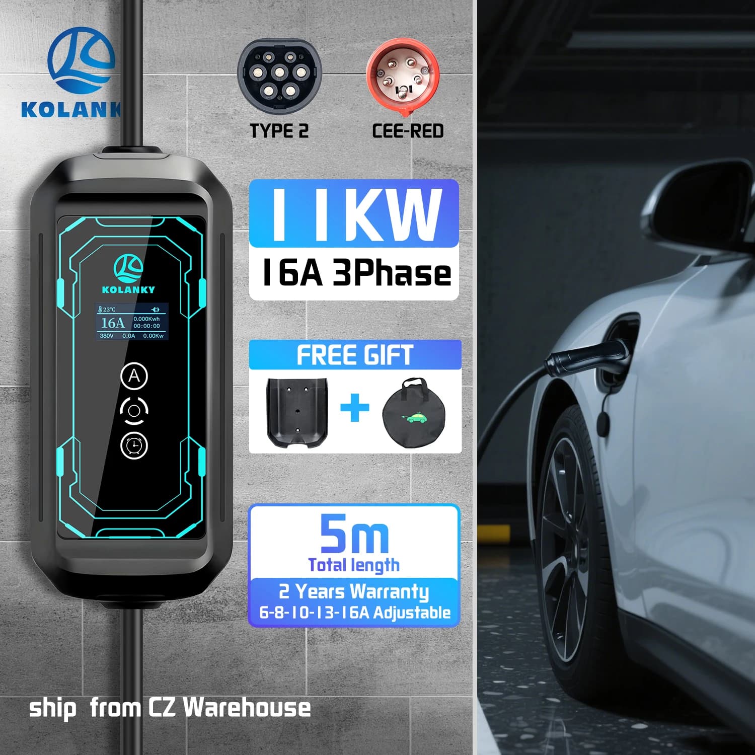 Caricatore EV Kolanky 16A 11KW Tipo 2 Wallbox per Ricarica Domestica con Timer 1-15 Ore per Auto Elettriche e PHEV Lunghezza Totale 5M