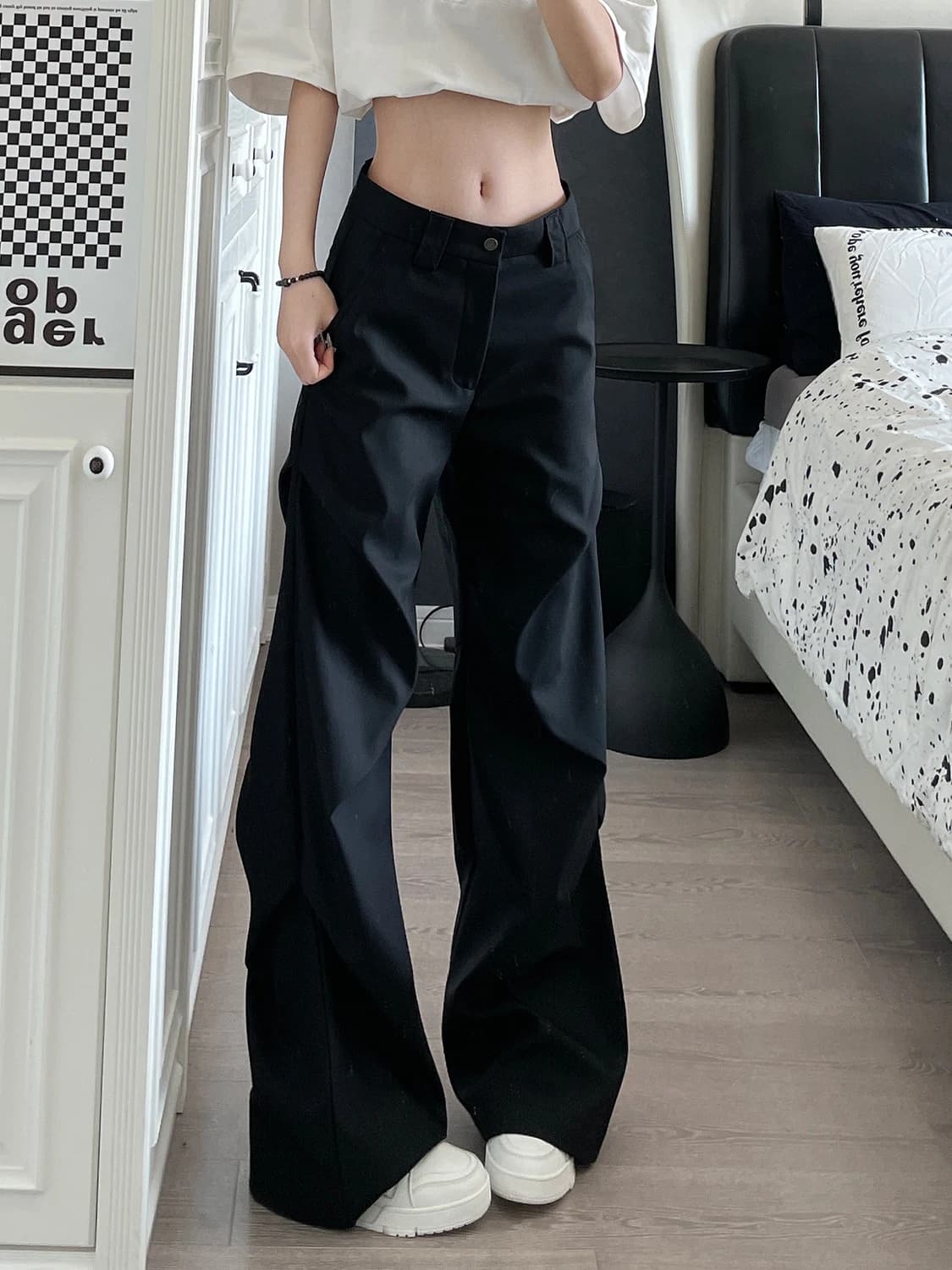 Pantaloni Neri Casual American High Street con Design Plissettato, Gamba Larga, Drappeggiati, a Zampa, Cleanfit, Taglio Dritto, per Uomo e Donna