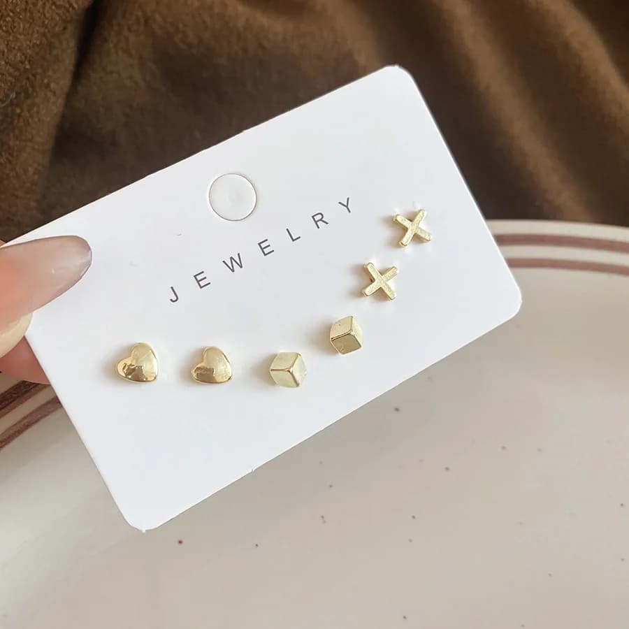 6 Pcs Smooth Square Cube Heart X Shaped Earrings Gold Plated Mini Metal Stud Earrings Female Various Wearing Ear Jewelry