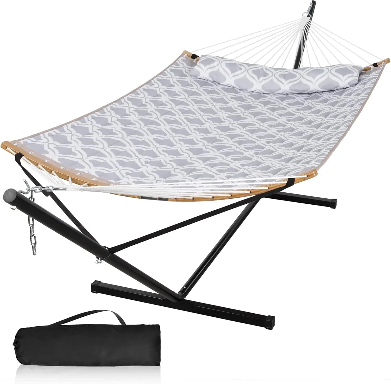 Spacious Freestanding Hammock with 12FT Steel Frame, Curved Spreader Bar, Pillow, and Travel Bag for Outdoor Use, Gray Ripples Pattern