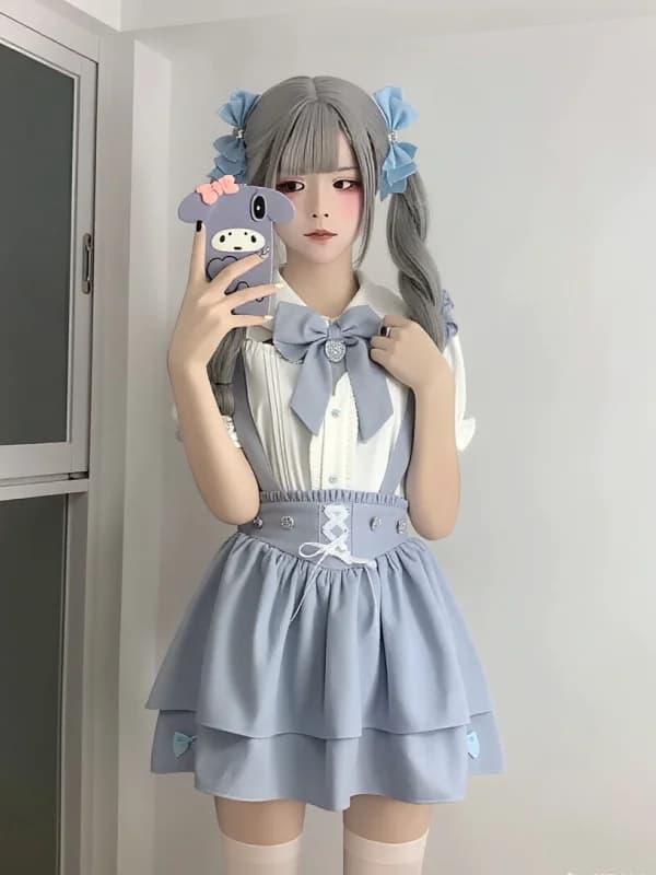 Set estivo Y2K Angel School Uniform con camicia a maniche corte e abito con bretelle, completo due pezzi per ragazze, outfit alla moda in stile college.