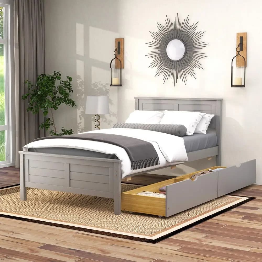 Double bed base with 2 drawers, platform bed with solid wood headboard and footboard, mattress support with wooden slats