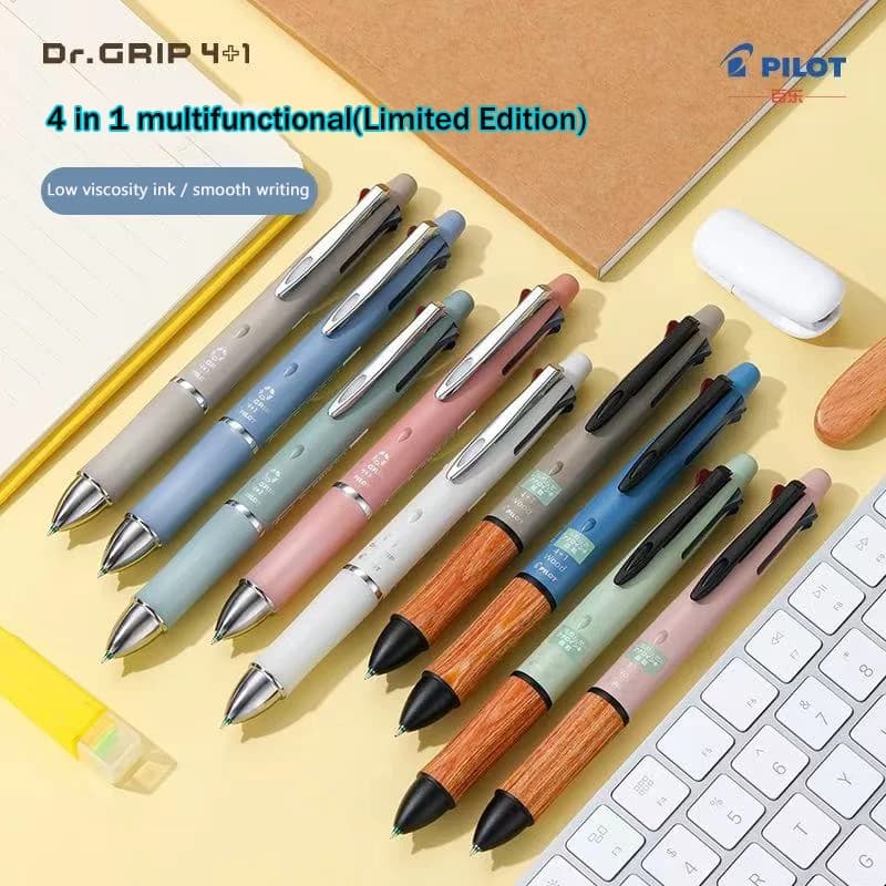 PILOT DR.GRIP 4 + 1 multi-penna e matita meccanica da 0,5 mm, impugnatura comoda in legno, scrittura liscia, inchiostro a bassa viscosità per uso aziendale in ufficio