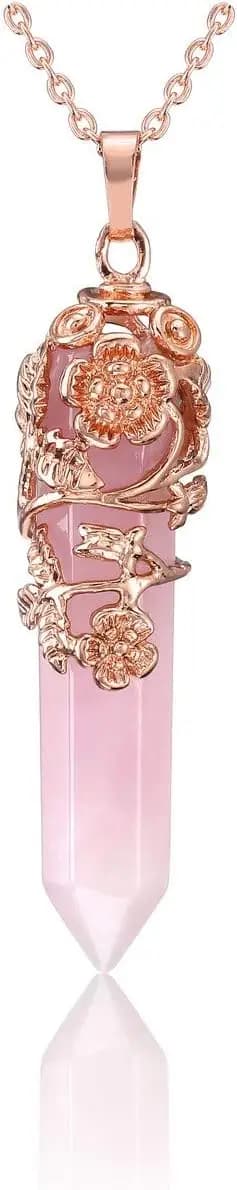 Collana con Pendente a Punta di Cristallo Naturale Avvolto in Fiori, Prisma Esagonale, Gioiello Reiki in Quarzo