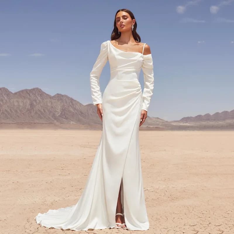 Custom Simple Siren Satin Wedding Dress Stylish Sleeveless With Pleated Shoulder Straps Backless Sexy Bridal Split