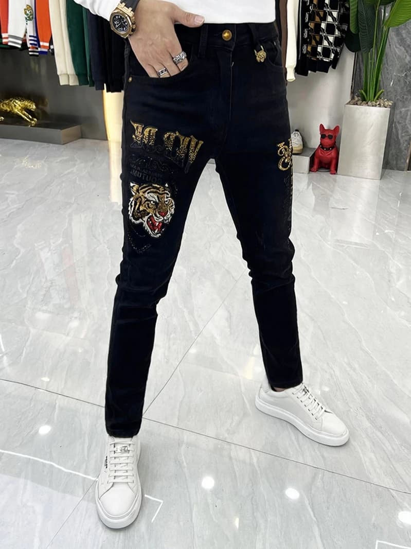 Jeans alla Moda con Ricamo Testa di Tigre, Slim Fit, Pantaloni Lunghi da Uomo, Jeans Casual Trendy con Applicazioni Termiche a Diamante, Vita Media