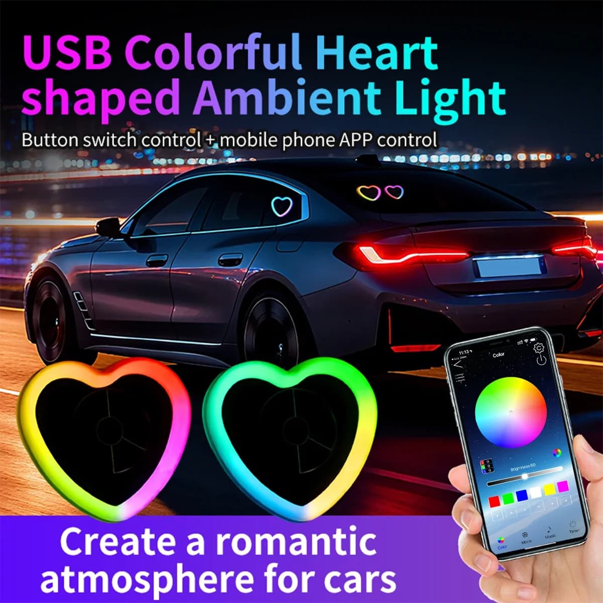 Luce al neon Symphony Triangolo per auto Finestra Luce ambientale a LED con ventosa USB APP Controllo Lampada respiratoria per atmosfera interna