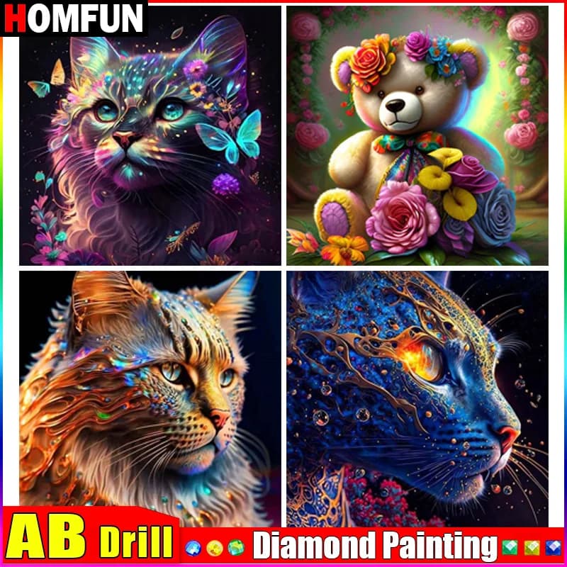 HOMFUN AB Art 5D Diy Diamond Painting "Animal Cat" Diamond Pictures Cross Stitch 3D Rhinestone Embroidery Decor