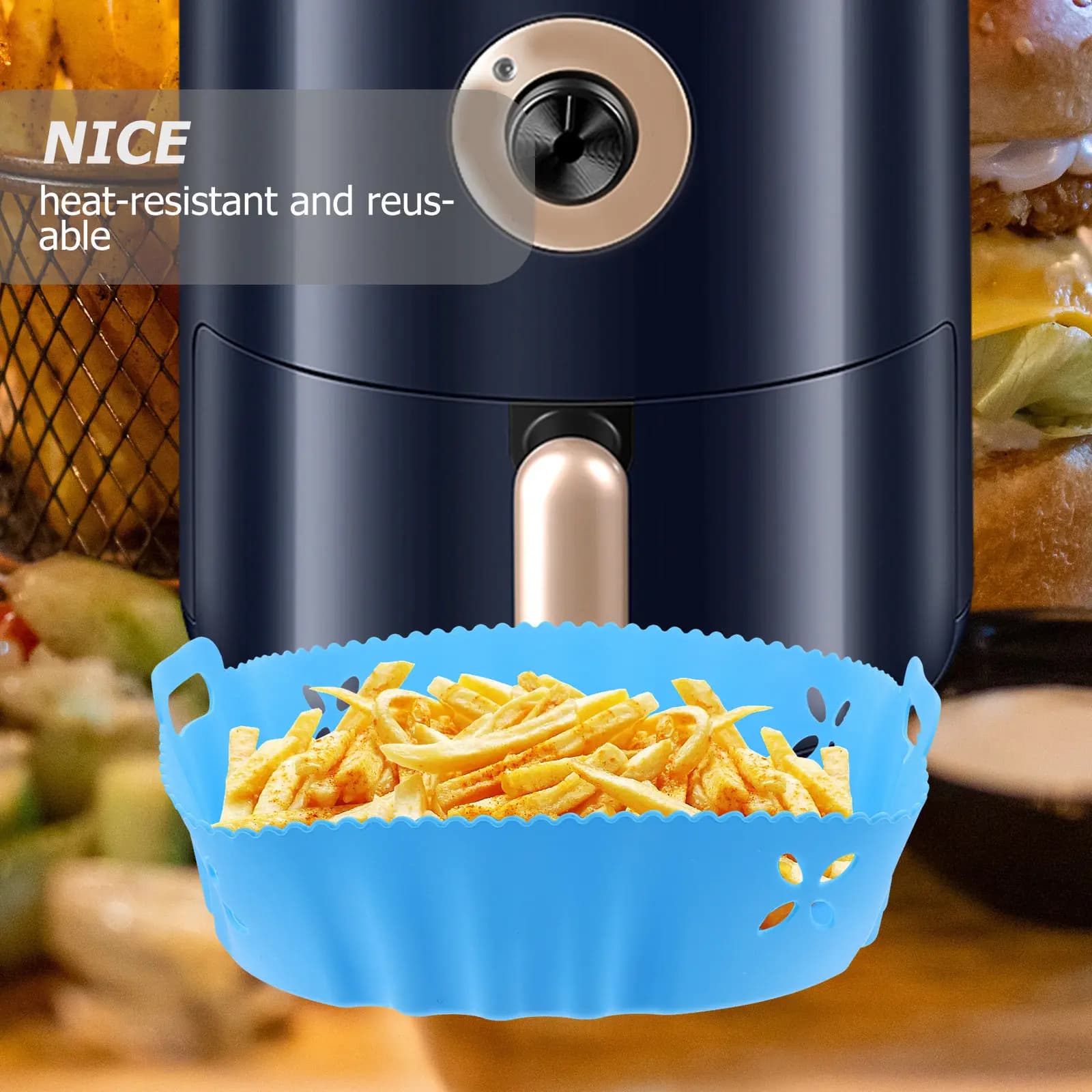 Tappetino in Silicone Riutilizzabile per Friggitrice ad Aria, Antiaderente e Resistente al Calore, per Microonde e Vaporiera, Facile da Pulire con Manici