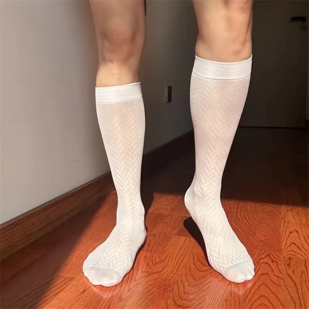 Ultra-Thin Men's Business Socks Stripe Transparent Dress Ice Silk Socks Breathable Below Knee Mid Calf Stockings Summer