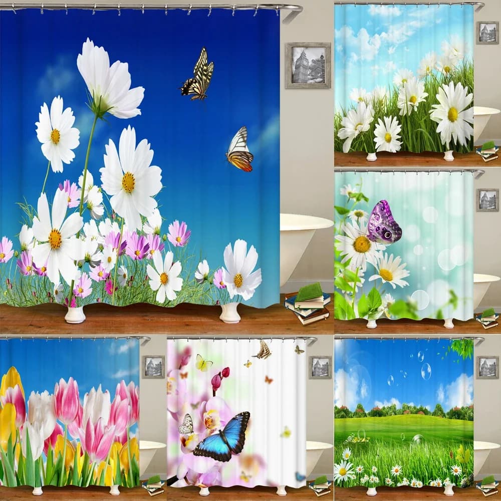 Bellissimi fiori primaverili tenda da doccia con paesaggio naturale tenda da bagno tenda in tessuto di poliestere impermeabile stampata per il bagno
