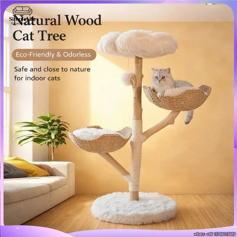 Albero per Gatti in Legno Massello Naturale con Cuccia Morbida, Amaca, Tiragraffi in Sisal e Posatoi per Gatti a Pelo Lungo, Design Personalizzabile