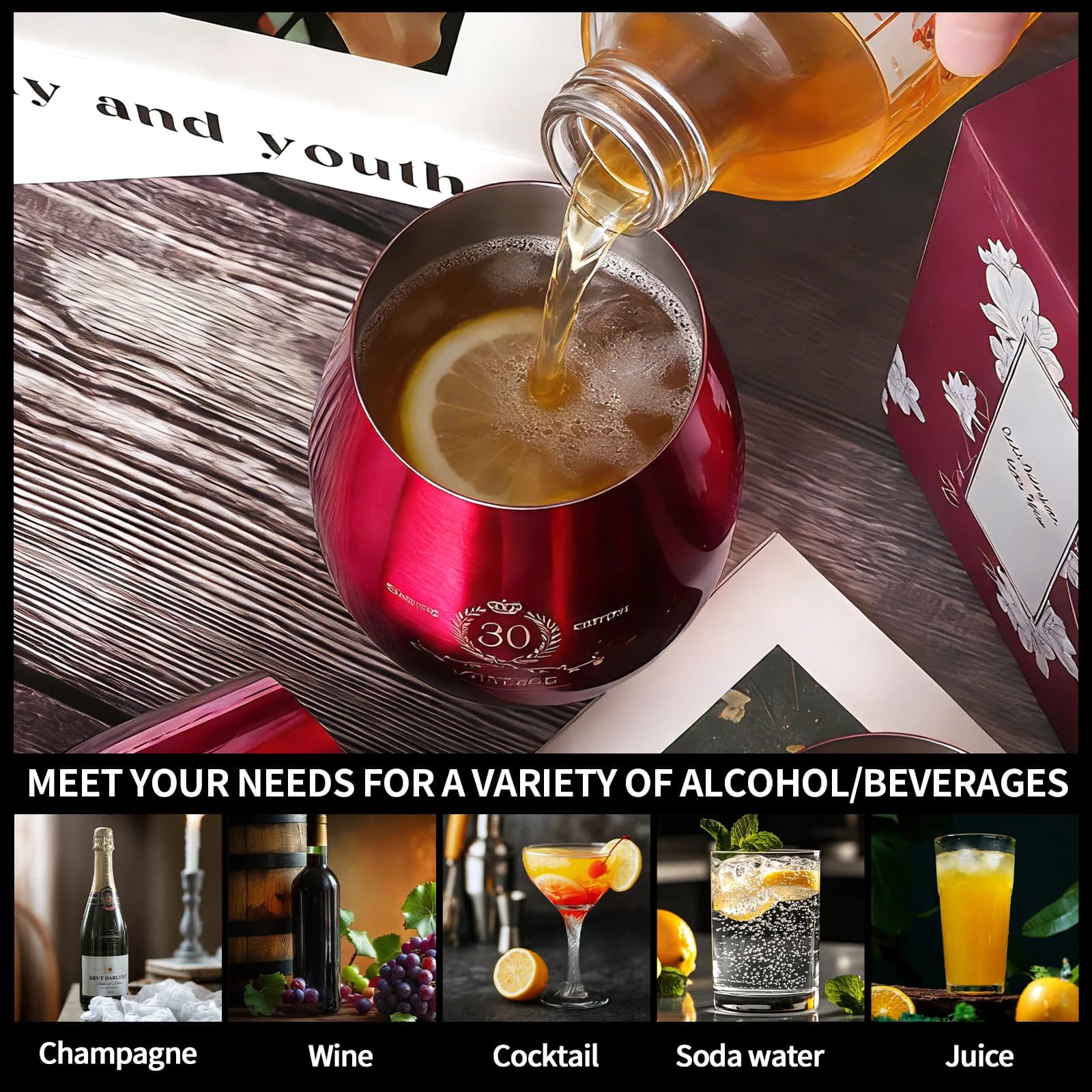 Bicchiere da Cocktail in Acciaio Inox da 450ml, Tazza Rosso Rosato Brillante, Bicchieri da Birra e Whisky da Bar, Regali Unici per 30°, 40°, 50° Anniversario