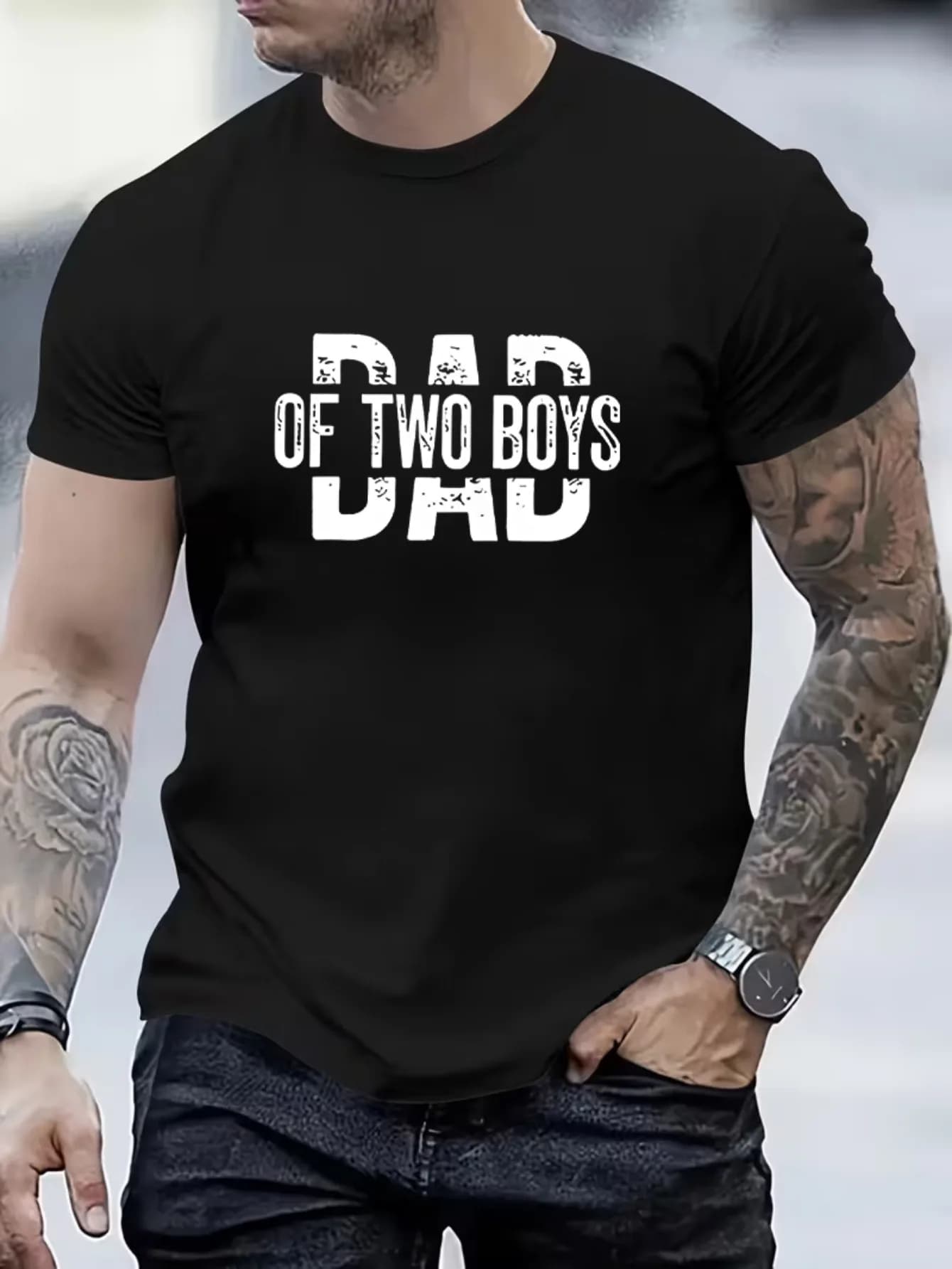 A summer casual black t-shirt with short sleeves with pattern "father of two children" by man