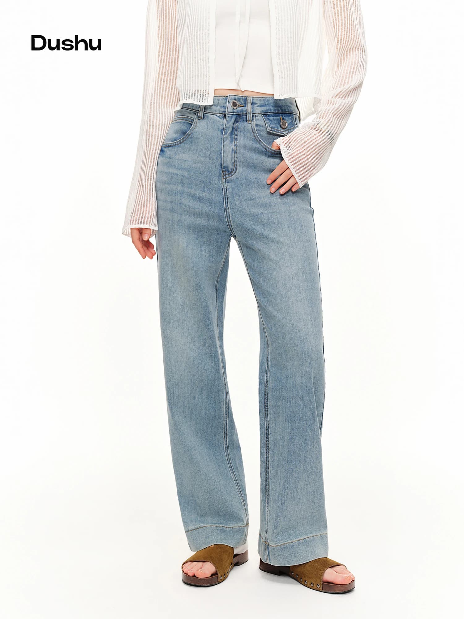 DUSHU Retro Washed Straight Leg Jeans 2026 Summer High-waisted and Slim Stonewashed Do-old Vintage All-match Bleached