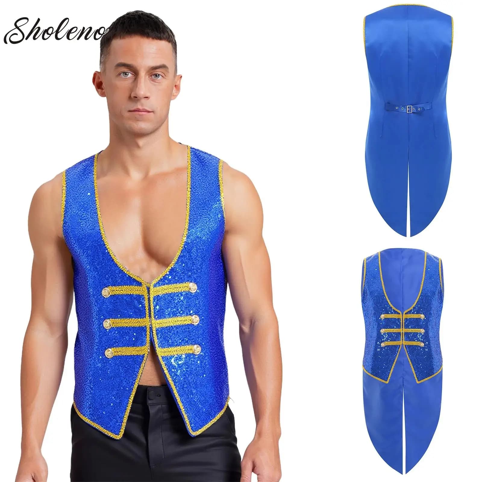 Mens Halloween Circo Mago Costumi Carnevale Festa a tema Cartoon Mago Warlock Cosplay Gold Trim Ringmaster Gilet Gilet