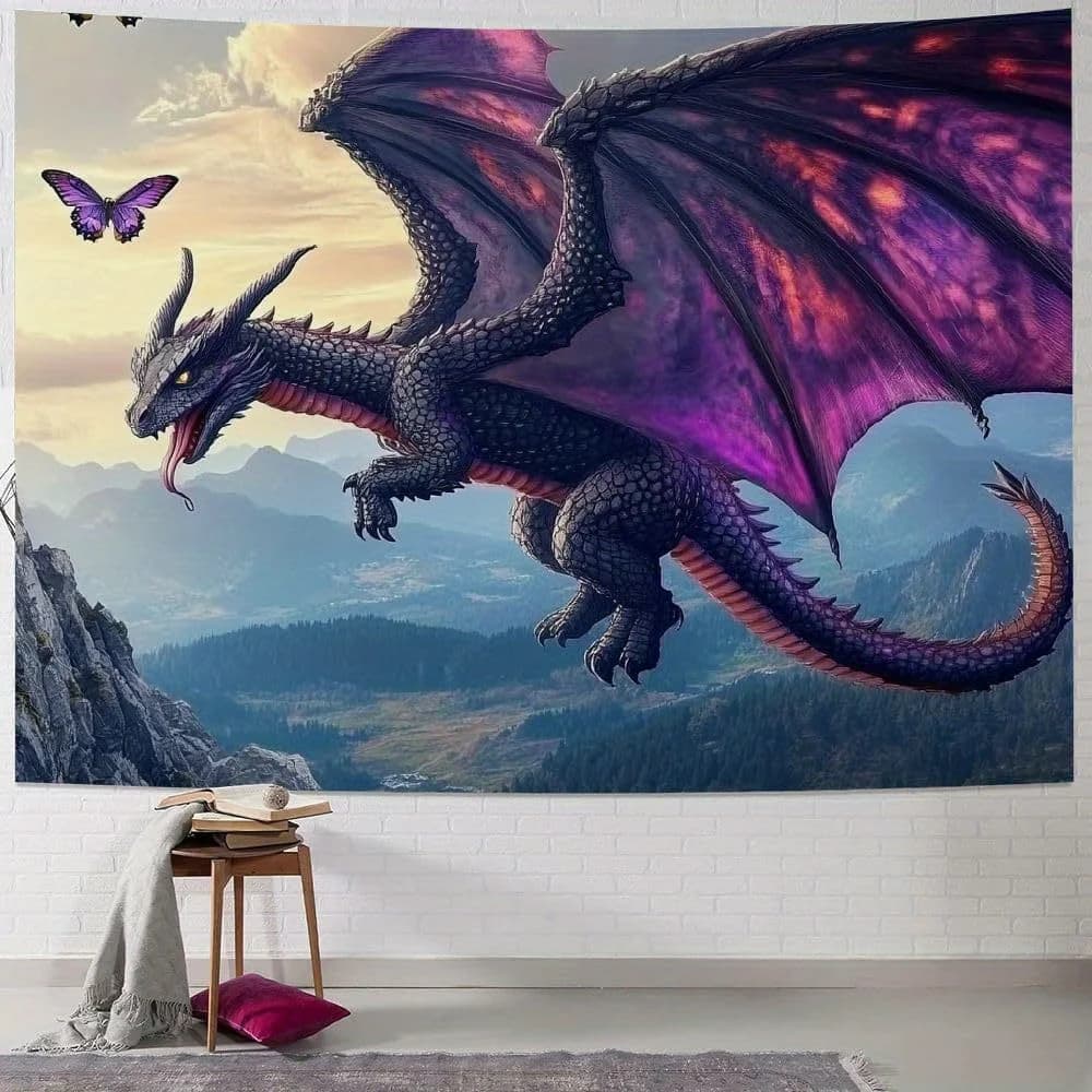 1pc Vibrant Purple Dragon & Butterfly Wall Tapestry, Polyester Fabric, 40x60 inch, Transverse Orientation, Indoor Living Room